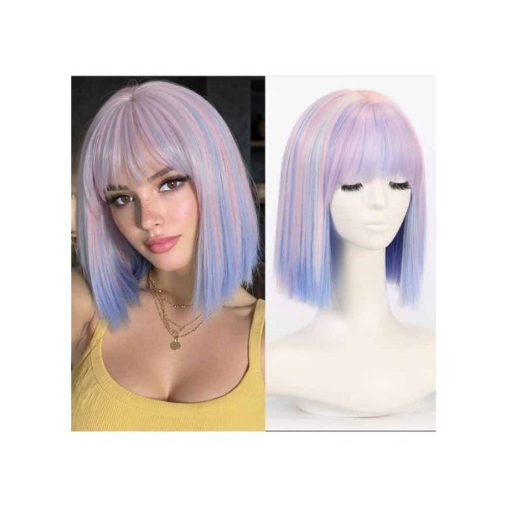 Allbell 12in Short Bob Wig with Bangs Rainbow Pastel Pink Blue Purple Synthetic